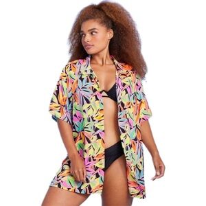 Wild Fable Women's Tropical Print Relaxed Fit Cover-Up Shirt Tropical Size XS
